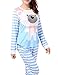 VENTELAN Women Long Sleeve Teddy Bear Round Neck Pajamas Set Striped Sleepwear