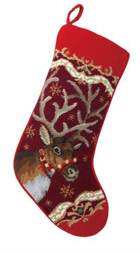 Santa's Reindeer with Antlers Christmas Stocking, Wool Needlepoint, 11 Inch X 18 Inch