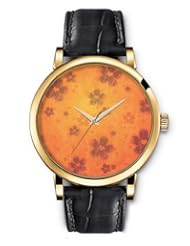 SPRAWL Aanalog Fashion Series Gold Ladies Watches of Genuine Black Leather Strap,Unique Wrist Watch for Women Girls Designed with Love flowers on orange background