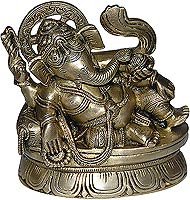Brass Sculpture God Ganesha Eating Ladoo 4.75 x 1.75 x 5 inches