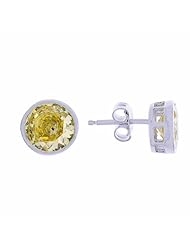 Platinum Plated Sterling Silver Round Light Yellow Cubic Zirconia Bezel Set Earrings
