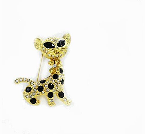 Goldtone with Black Crystals and Rhinestones Cat Brooch Pin