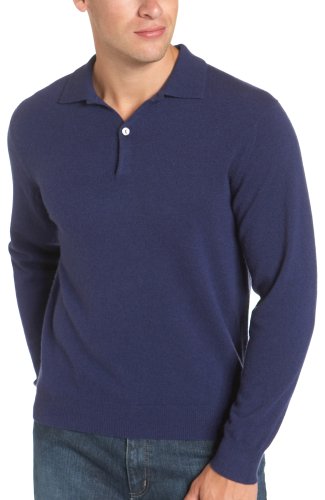 Red Moon Men's 100% Cashmere 3 Button Long Sleeve Polo-style Sweater, Dark Navy, Large