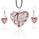 Red And Silver Heart Murano Glass Earrings Set