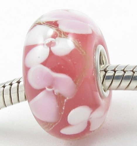 (Free Shipping) Pink and White Hawaiian Flowers View Design European Murano Style Glass Bead Charm with Solid Sterling Silver Single Core Stamped 925 Fits Pandora Biagi Chamilia Troll Bracelets