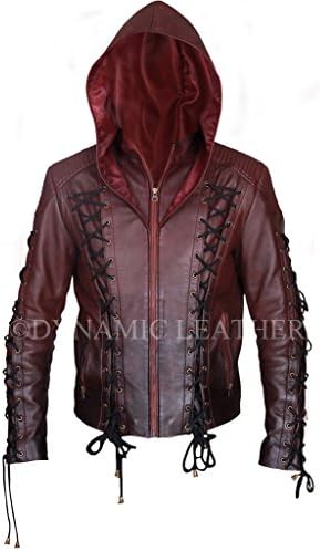 DYNAMIC LEATHERArrow Arsenal Red Colton Haynes Hooded Costume Real Leather Jacket