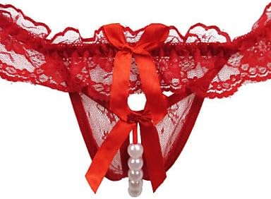 JIAO-Women's Sexy Lace G-string Thong Panty T-back with Pearls , red-one-size , red-one-size