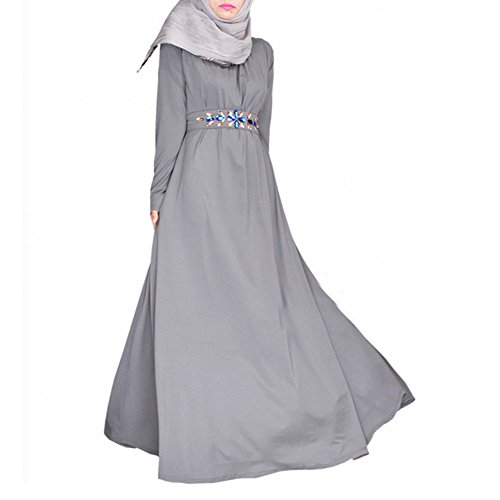 Ashlen Muslim Womens Plain Grey Long Abayas Islamic Jilbab Dress with Gem Belt