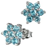 Star Flower Aquamarine Cubic Zirconia Platinum Overlay Sterling Silver Studs