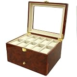 Watch Box Storage Chest for 20 Watches Burlwood Finish See Thru Glass Top Jewlery Gift Case Latch
