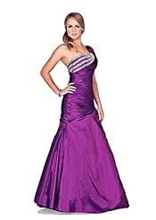One Shoulder Taffeta Jeweled Beaded Pleated Fit-and-Flare Prom Dress 