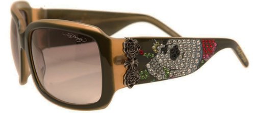 Ed Hardy Skull and Roses Wraparound Sunglasses: Tortoise/Brown Gradient