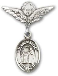 Sterling Silver Baby Badge with St. Valentine of Rome Charm and Angel with Wings Badge Pin