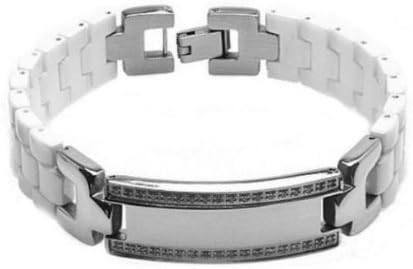 Two Tone White Ceramic and Stainless Steel with Cubic Zirconia Diamond ID Bracelet - approx. 15 mm x 8.5 inches
