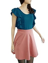 Fall Polyester Round Neck Shirred Colorblocking Sleeveless  Dress