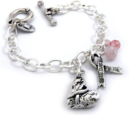 'Hope' Breast Cancer Ribbon Bracelet with Pink Quartz, Silver Plated
