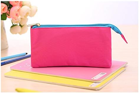 UQueen UQ02 Fashion Creative Candy Color Three Layer Large Capacity Zipper Cosmetic Makeup Storage Bag Simple Lovely Cute Canvas Multi-functional Stationery Pencil Pen Case Bag (Rose Red)
