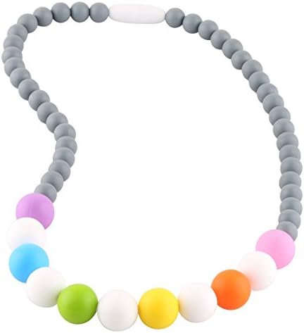 Chewable Teething Necklace for Teething Babies or Nursing Moms. GRAY 9mm Beads on Top and 14mm Colorful Beads in Center Alternating with White Beads. Soft Silicone Food Safe Beads. BPA Free Non Toxic.