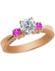 1.26 Ct Round H/I Diamond Pink Sapphire 18K Rose Gold 3-Stone Ring