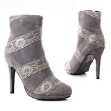 Damen Schuhe, STIEFELETTEN, HIGH HEELS BOOTS, 666-51, Synthetik in hochwertiger Wild Leder Optikund Spitze, Grau, Gr 41