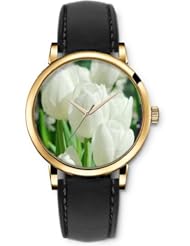SPRAWL Aanalog Fashion Series Gold Ladies Watches of Genuine Black Leather Strap,Unique Wrist Watch for Women Girls Designed with white tulips