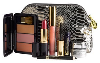 Estee Lauder Gift Set a Metallic Print Makeup Bag Pure Color Gloss in Fuchsia Fantasy, Pure Color Lipstick in Rubellite, Mini Sumptuous Bold Volume Lifting Mascara, Mini Double Wear Stay-in-place Eye Pencil in Onyx, Re-nutriv Ultimate Lift Age-correcting Creme 7ml, 3-pan Blush Compact