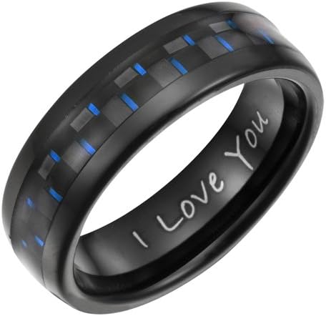 New Mens Blue Carbon Fiber Band Ring Engraved I Love You In Velvet Ring Box by Willis Judd