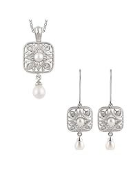 Sterling Silver Freshwater Pearl and Diamond Necklace and Earring Set -- LIFETIME WARRANTY