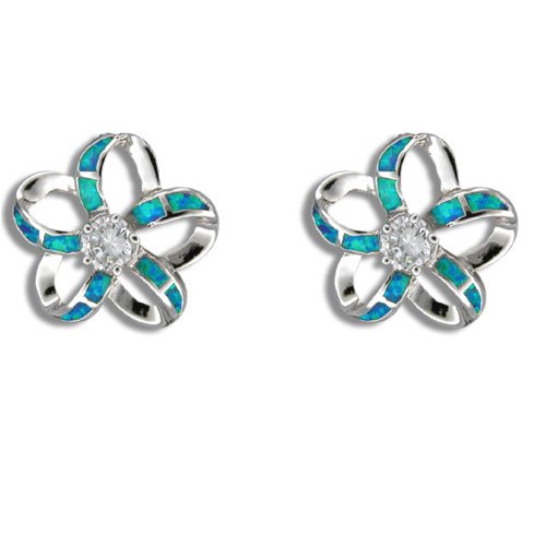 Sterling Silver Hawaiian Blue Opal Plumeria Flower Earrings