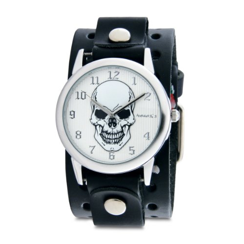 Nemesis Women's PR921S Punk Rock Collection Silver Mystery Skull Leather Cuff Band Watch