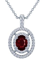 14K White Gold Oval Cut Ruby And Round Diamond Pendant