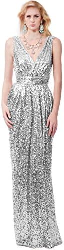 Dazzling Deep-v Halter Metallic Full-length Sequins Gown (2, Silver)
