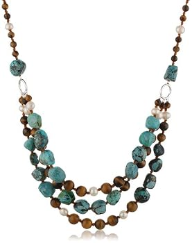 Tiger Eye, Turquoise and White Freshwater Cultured Pearl Three-Row Necklace, 19.5+4" Extender