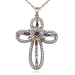 18k Yellow Gold Plated Sterling Silver Multi-Gemstone and Diamond Cross Pendant, 18"