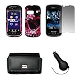 IMAGE OF EMPIRE Black Leather Case Pouch with Belt Clip and Belt Loops + Purple Hearts & Flowers Design Snap-On Cover Case + Screen Protector + Retractable Car Charger (CLA) for Metro PCS Samsung Craft R900
