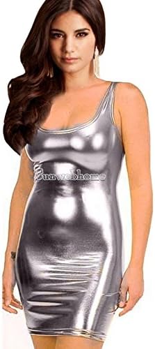 SEXY WOMEN'S LADY GIRL LEATHER SUNDRESS BODYCON SKIRT MINI PENCIL DRESS SH Silver