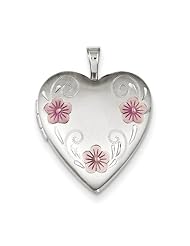 Sterling Silver 20mm Satin, Diamond-Cut & Enameled Flower Heart Locket