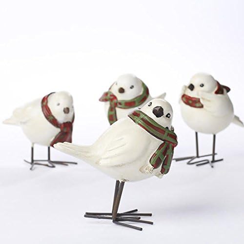 4 Groupings of 4 Winter Scarf Clad White Resin Bird Figurines with Metal Legs for Decorating and Displaying