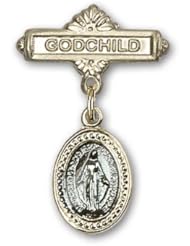 Gold Filled Baby Badge with Blue Miraculous Charm and Godchild Badge Pin