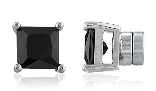 New & Improved! Silvertone with Black Cz Square Magnetic Stud Earrings - 4mm to 12mm Available (7 Millimeters)