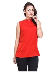 Apparel: DeDes Womens Top With Beads On Neck Medium Red CASUAL LADIES TOP BLOUSE SLEEVELESS BACK ZIPPER PARTY TOP ROUND NECK