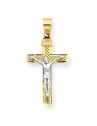 14k Gold Diamond Cut Medium Block Lattice Cross with Crucifix Pendant