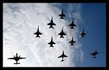 Air Fighters (In Formation, Under Clouds) Black Wood-Mounted Art Poster Print - 11" X 17"