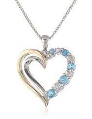 XPY Sterling Silver and 14k Yellow Gold Blue and White Topaz Heart Pendant Necklace, 18"