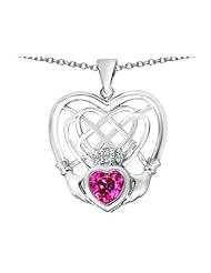 Celtic Love By Kelly (tm) Celtic Knot Irish Heart Claddagh Pendant with Heart Shape Created Pink Sapphire in 925 Sterling Silver