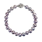 Lavender AAA Cultured Pearl Bracelet w. Platinum Overlay CAREFREE Sterling Silver Rose Clasp 7" (LS1R2)