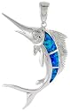 Sterling Silver Marlin fish Pendant, Inlaid w/ Lab Opal with CZ, 1 7/8" (47 mm) tall,