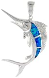 Sterling Silver Marlin fish Pendant, Inlaid w/ Lab Opal with CZ, 1 7/8 (47 mm) tall,