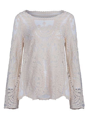 Choies Women s Cotton Blend Crochet Lace Long Sleeve Round Neck Loose White B...