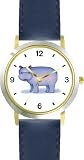 Hippopotamus (Hippo) Cartoon - JP Animal - WATCHBUDDY&reg; DELUXE TWO-TONE THEME WATCH - Arabic Numbers - Blue Leather Strap-Size-Large ( Men's Size or Jumbo Women's Size )